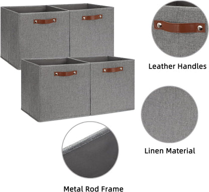 HNZIGE Fabric Storage Cubes Bins Baskets for Shelves Set of 4 Baskets, 13 Inch Storage Bins with Handles, Foldable Storage Cube Organizer Bins Organizing Home Nursery (Gray)