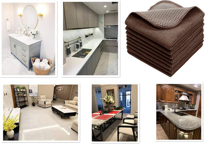 Microfiber Dish Cloths Fast Drying Kitchen Cleaning Cloth Dish Rags Dust Cloths Ultra Absorbent Lint Free Washcloths with Poly Scrub Side 12inch x 12inch 8 Pack (Brown)