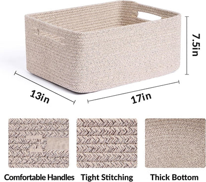 Large Storage Baskets for Organizing, Closet Shelf Baskets for Clothes Blanket Towels, Baby Nursery, Toy Bins Box, Woven Rope Baskets, 17 x 13 x 7.5”, 4 Packs Mixed Brown