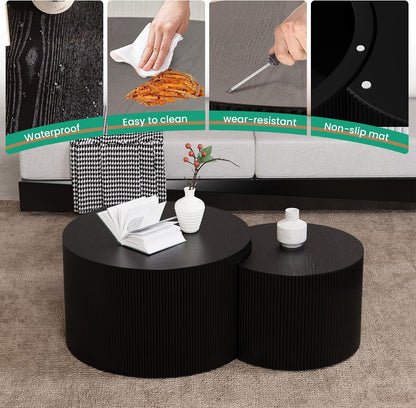 Round Nesting Coffee Table Set of 2 Handcraft Circle Fluted Nesting Coffee Tables Circular Side Table Drum Accent End Tables for Living Room Bedroom (Black Small)