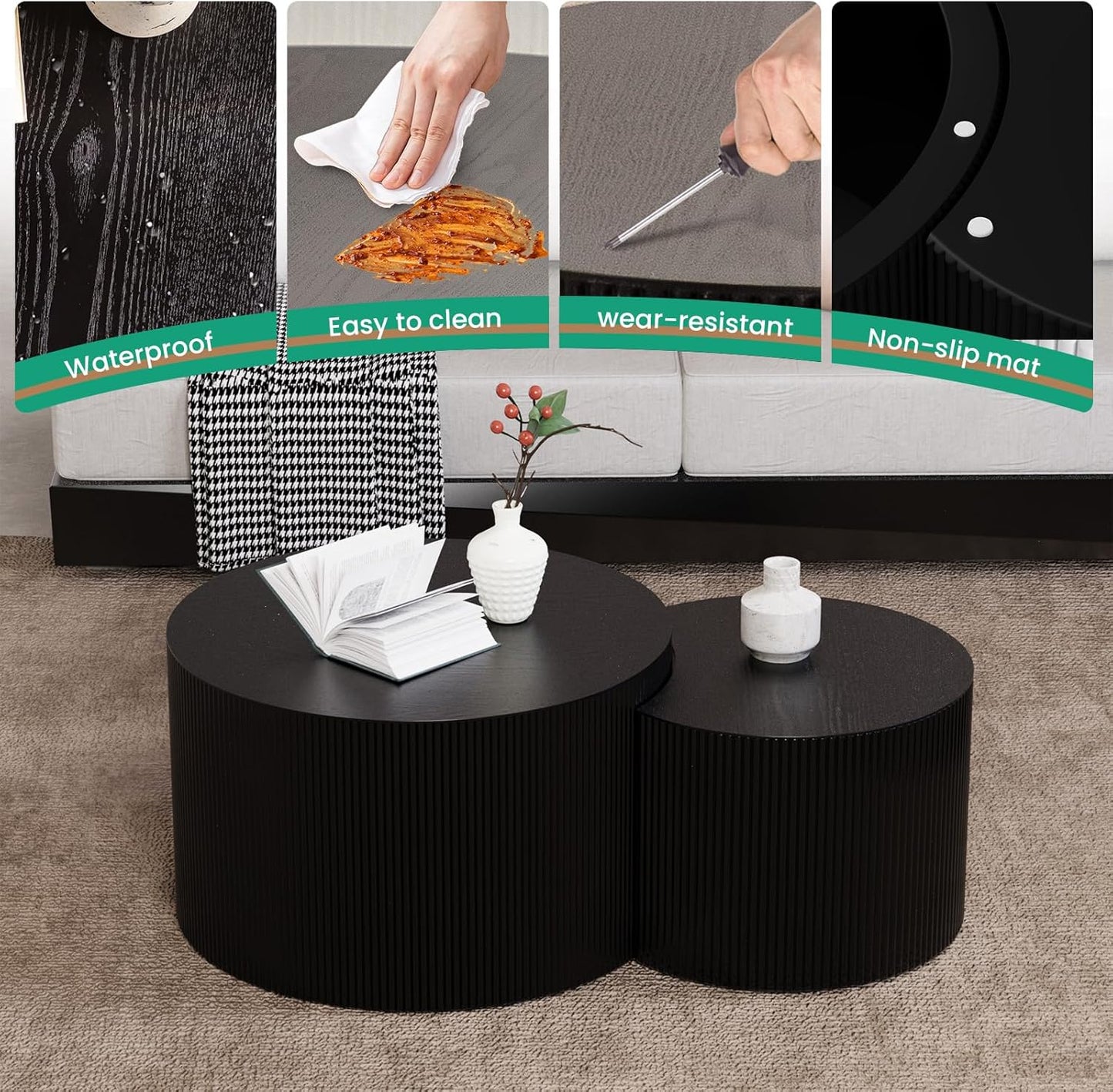 Round Nesting Coffee Table, Drum Wood Coffee Table Set of 2 Black, Modern Fluted Nesting Tables Circle Center Table 2 Piece for Small Spaces Living Room Bedroom Balcony Office, No Assembling