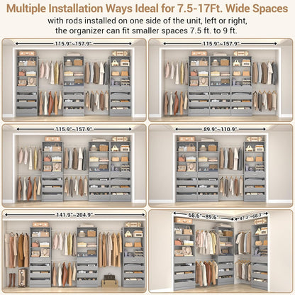 Aheaplus Closet System with 12 Drawers, 8.5-11.5Ft Wood Closet Organizer System with 4 Hanging Rods & 3 Towers, 4Ft & 6Ft L-Shaped Walk-in Closets Wardrobe Organizer Clothes Rack, Set of 3, Grey