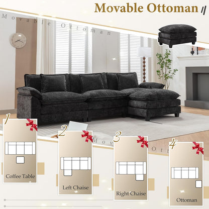 URRED Modular Sectional Sofa Comfy Cloud Couch, Modern Chenille Sofa Sleeper Deep Seat Couches with Ottoman/Pillows for Living Room (Black, 117''- L Shape)