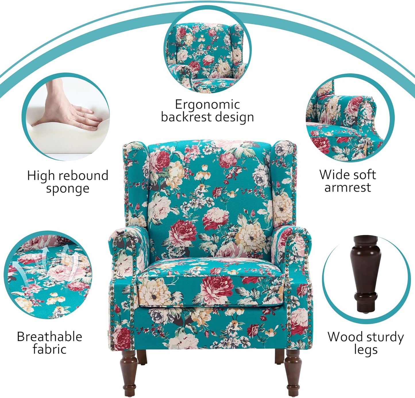 Lumibee Wingback Accent Chair,High Back Floral Armchairs in Fabric,Comfy Upholstered Reading Single Sofa Chair with Solid Wood Legs for Living Room,Bedroom,Office-Peacock Blue