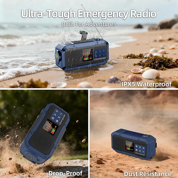 Emergency Weather Radio with IPX5 Waterproof Portable Bluetooth Speaker,USB-C Solar Hand Crank,NOAA Alarm AM FM Radio,Flashlight,SOS Alarm,2000mAh Cell Phone Charger for Camping Survival