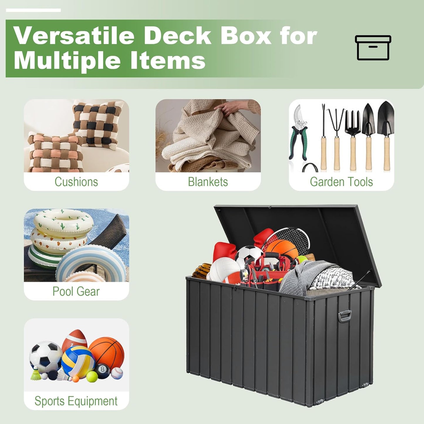 Domi 200 Gallon Deck Box, Outdoor Metal Lockable Storage Cabinet, Waterproof Steel Outdoor Bench with Lockable Lid, Side Handles & Rolling Casters for Outside Cushions, Pillows, Garden Tools, Grey