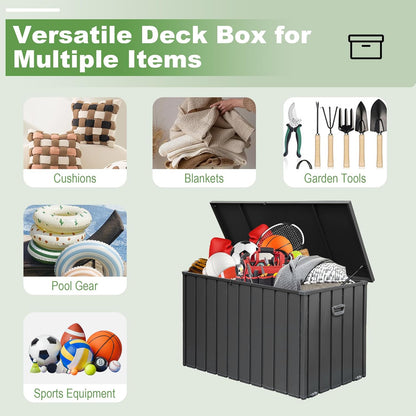 Domi 200 Gallon Deck Box, Outdoor Metal Lockable Storage Cabinet, Waterproof Steel Outdoor Bench with Lockable Lid, Side Handles & Rolling Casters for Outside Cushions, Pillows, Garden Tools, Grey