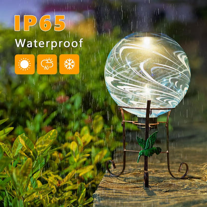 10 Inch Solar Glass Gazing Ball, with 9.4" Tall Metal Gazing Globe Stand, Solar Ball Lights Display Holder Set for Outdoor Garden Lawn Yard Decoration, Blue Water Ripple