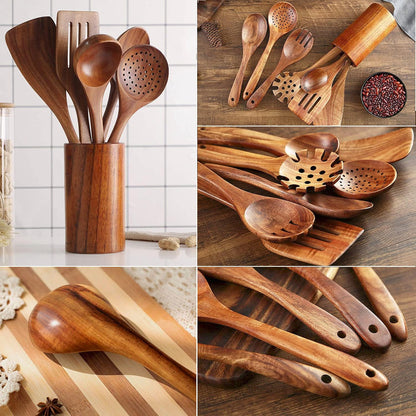 Teak Wooden Kitchen Utensil Set - 7Pcs Wooden Cooking Utensils Including Spatula