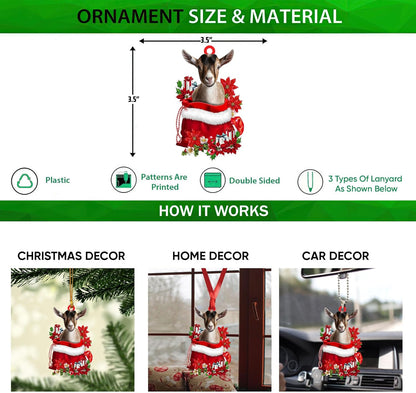 Talataca Goat 2D Flat Christmas Ornament, Goat in Red Santa Gift Bag Pine Tree Decor, Hanging House Charm Eve Keepsake, Car Rear View Mirror Accessories, Xmas Gift