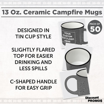 DISCOUNT PROMOS Custom Ceramic Campfire Coffee Mugs 13 oz. Set of 50, Personalized Bulk Pack - Perfect for Tea, Espresso, Cappuccino, Hot Cocoa - Grey