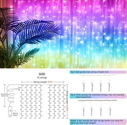suddus Curtain Lights for Bedroom, 192 Led 8.3ft x 5.25ft Hanging String Lights Outdoor, Fairy Curtain Lights for Backdrop, Window, Wall, Wedding, Party, Garden, Porch, Birthday Decor Multicolor