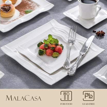 MALACASA 30 Pieces Dinnerware Sets, Modern Ivory White Plates and Bowls Sets for 6, Porcelain Dish Set with Dinner Plate, Dessert Plate, Soup Plate, Cup and Saucer, Square Dishware Set, Series Mario