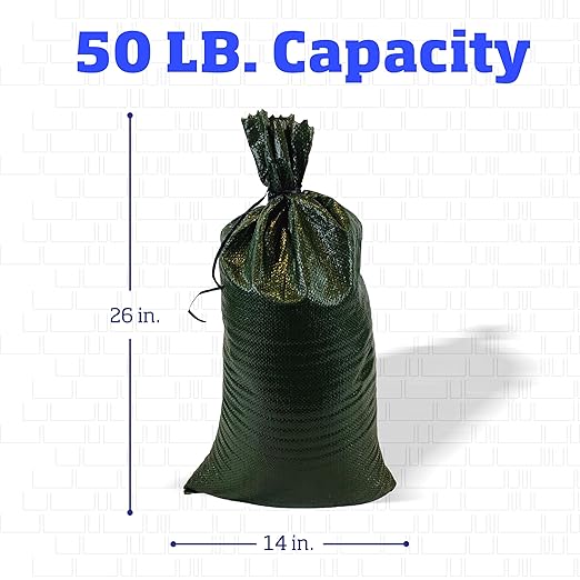 DURASACK Heavy Duty Sand Bags with Tie Strings Empty Woven Polypropylene Sand-Bags for Flood Control with 1600 Hours of UV Protection, 50 lbs Capacity, 14x26 inches, Green, Pack of 10