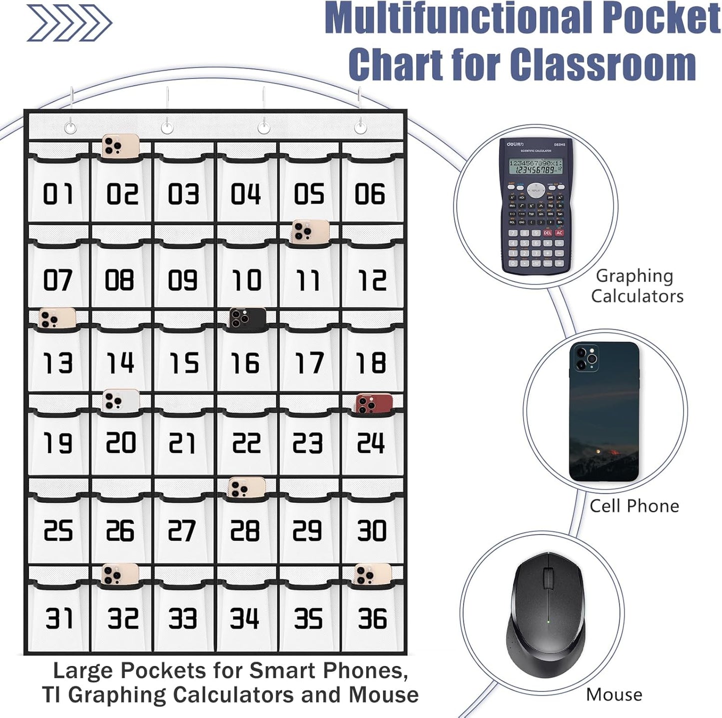Loghot Classroom Accessories Closet Pocket Chart for Cell Phones Holder Wall Door Hanging Organizer (36 Pockets White)