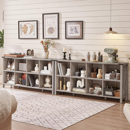 8 Cube Book Shelf, Farmhouse Wood Long Storage Organizer Bookcase, 62" Horizontal Grey Oak Console Closet Bookshelf, Hallway TV Stand for Entryway, Display Cabinet Book Case for Living Room