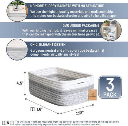 NaturalCozy 11.8"x8"x4.5” Storage Baskets for Shelves 3 Pack | Cotton Rope Woven Small Baskets for Organizing | Small Storage Bins for Nursery, Bathroom, Closet, Cube Shelf, Decorative, Gift Basket