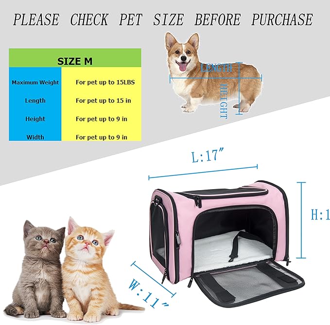 Soft Sided Carrier for Small Medium Cats Dogs,TSA Airline Approved Collapsible Travel Pet Carrier Medium Pink