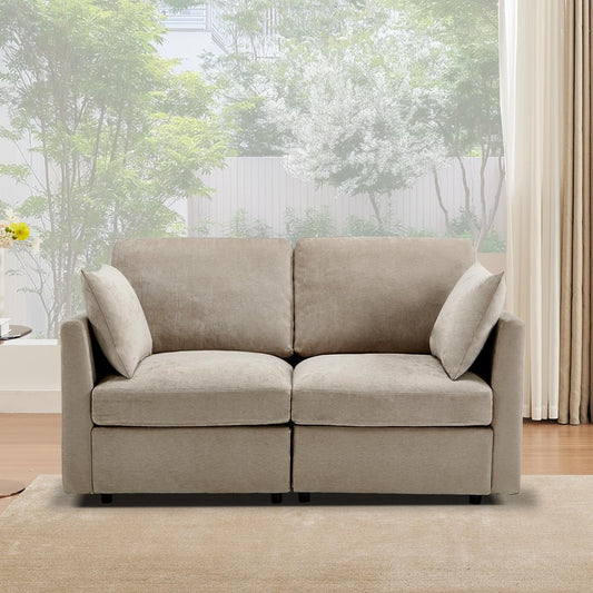 Tbfit 59" Loveseat Sofa, Chenille Small Sofa Couch, Love Seat with 2 Pillows for Small Space, Bedroom & Living Room, Khaki