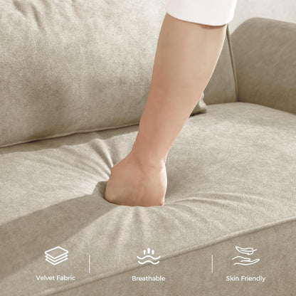 89” Futon Sofa Bed, Velvet Fabric Comfy Futon Couch Bed with 2 Square Pillows, Convertible Sleeper Sofa with Adjustable Backrest& Armrests, Modern Loveseat Sleeper for Living Room, Beige