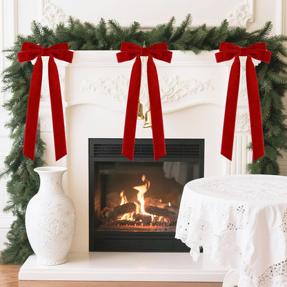Senjie Velvet Large Christmas Bows for Staircase Garland Wreath, 20in x 8in Vintage Ribbon Bows with Twist Tie for Xmas Tree Holiday Indoor Outdoor Decorations (6Pcs, Red)
