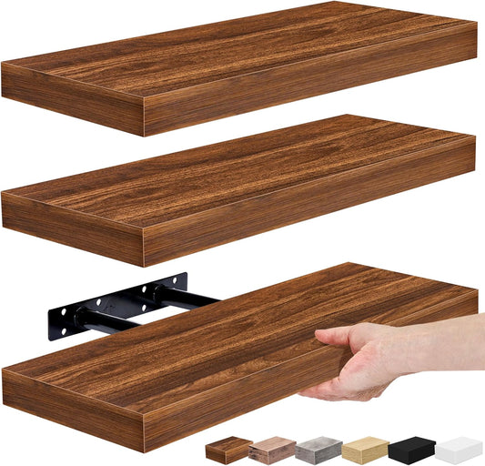 Sorbus Floating Shelves for Wall, Bathroom Shelves Wall Mounted for Kitchen, Bedroom, Bathroom Storage Over Toilet, Hanging Book Shelf for Ｗall Home Decor Living Room (Walnut, 3 Pack)
