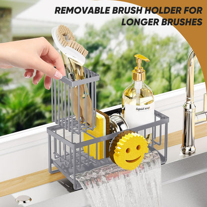Sponge Holder for Kitchen Sink,Smiley Face Sink Caddy with Removable Brush Holder,Self-Draining Sponge Caddy for Soap,Dish Brush,Scrubber,Kitchen Essentials and Gadgets-Gray