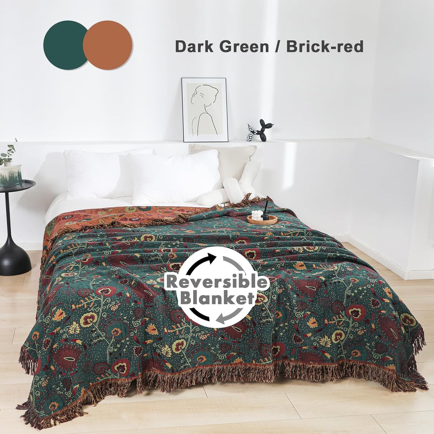 MSGKV Cotton Bed Blanket for Couch and Sofa Blankets for Living Room Bedroom Reversable Florals Throw 80"x90" Breathable Cozy Boho Blankets