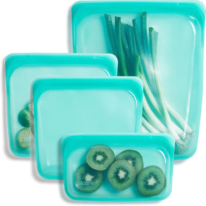 Stasher Premium Silicone Reusable Food Storage Bags, 4-Pack, Aqua, Multi-Use Food Storage Bags, Lunch Bag, Travel Containers, BPA Free, Leak-free, Dishwasher-Safe, Eco-friendly