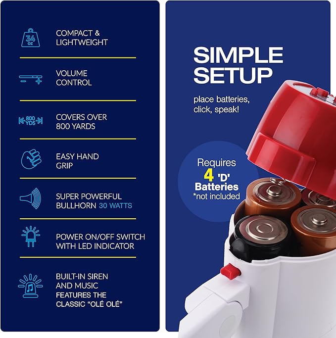 Croove Portable Megaphone Loud Speaker, Bullhorn with Siren Music, Volume Control, 30 Watt Mini Bull Horn, 800 Yard Voice Range Mega Phone, Noise Makers, Sporting Essentials for Coach, Camp Counselor