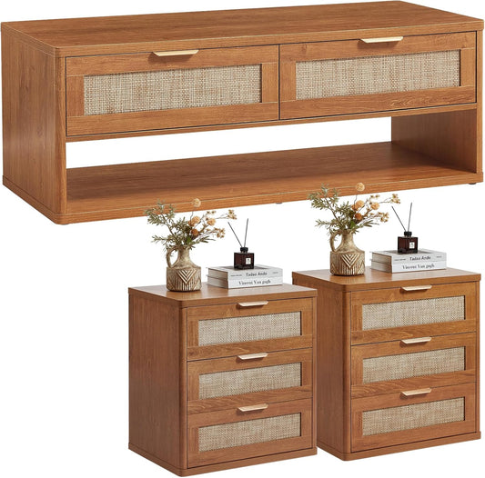 LEYAOYAO Boho Rattan Coffee Table and End Table Sets, 48" Wide Center Tables & 23" Night Stand with 3 Drawers, Brown Wood Coffee Table for Living Room 3 Piece Set