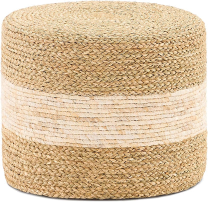 Handwoven Seagrass Ottoman Pouf, Round Outdoor Footstool with Sturdy Frame, No Assembly Needed, Boho Accent Stool for Indoor & Outdoor Use – Patio, Balcony, Living Room (Seagrass White)