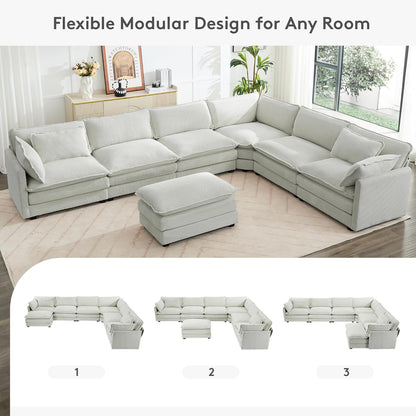 ROWHY 150'' Modular Sectional Sofa Cloud Couch, 7 Seater Big Comfy Corduroy L Shaped Couch with 4 Pillows, Chaise, Ottoman, Deep Seat Sectional Couches for Living Room Office, Light Grey
