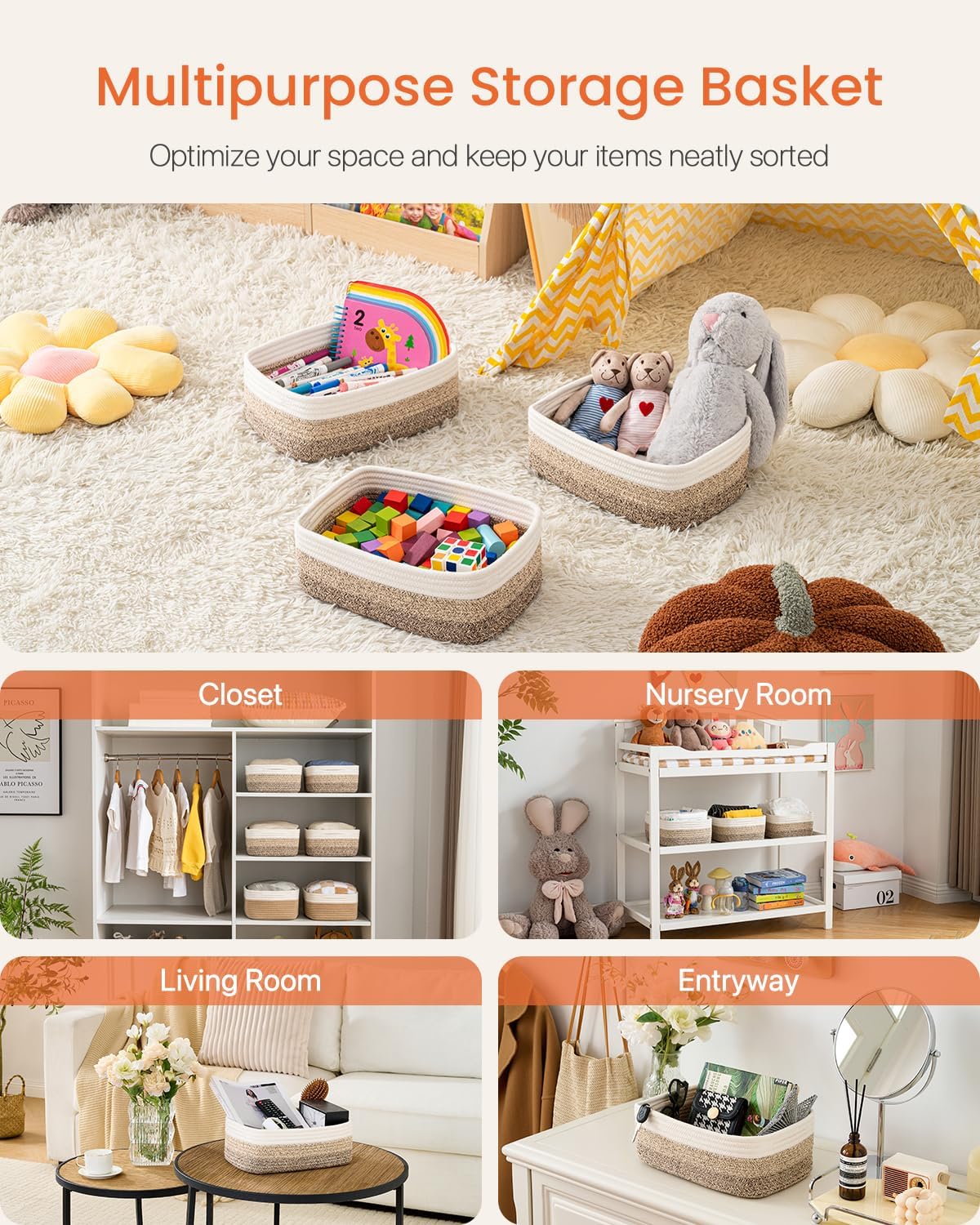 Small Woven Basket, 13.5 x 9.5 x 5 Inches, Storage Basket for Organizing, Cute Small Rope Shelf Closet Cube Storage Bins Baskets for Shelves, Dog Toy Gift Baskets Empty, 3 Pack Gradient Brown