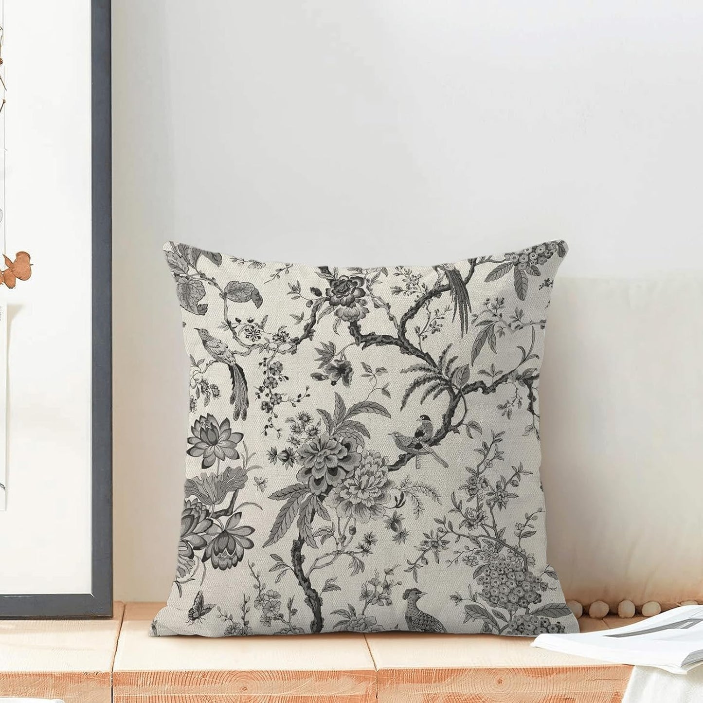 CXMEIFLY Spring Floral Birds Pillow Covers 18 x 18 Inch Set of 2 for Chinoiserie Flowers Decor Throw Pillows Black and White Plant Outdoor Decorative Cushion Cases for Couch Bed Decorations