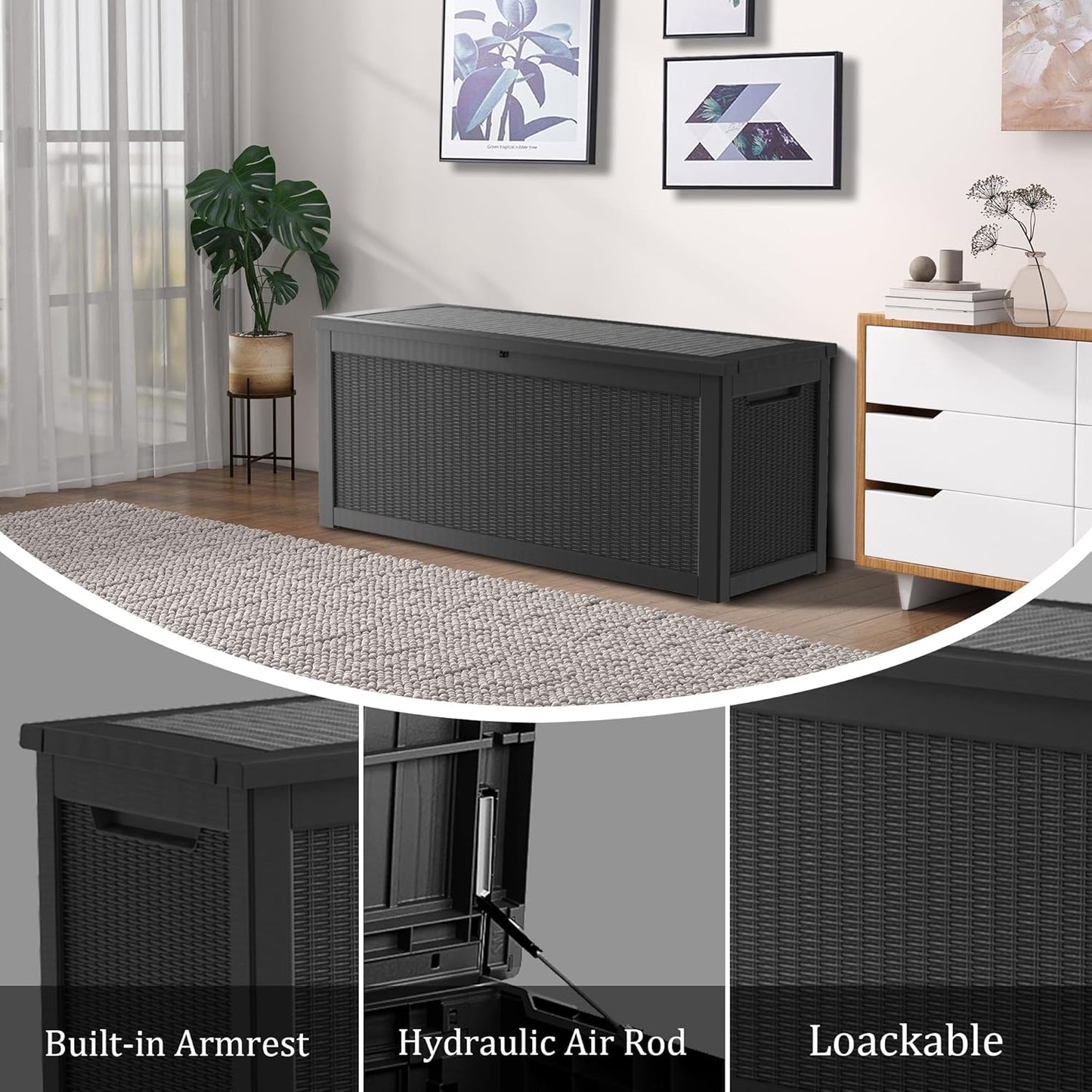 320 Gallon Lockable Resin Deck Box, Waterproof & UV-Resistant Outdoor Storage Box for Outdoor Cushion Storage, Garden Tools & Pool Accessories Storage, Black