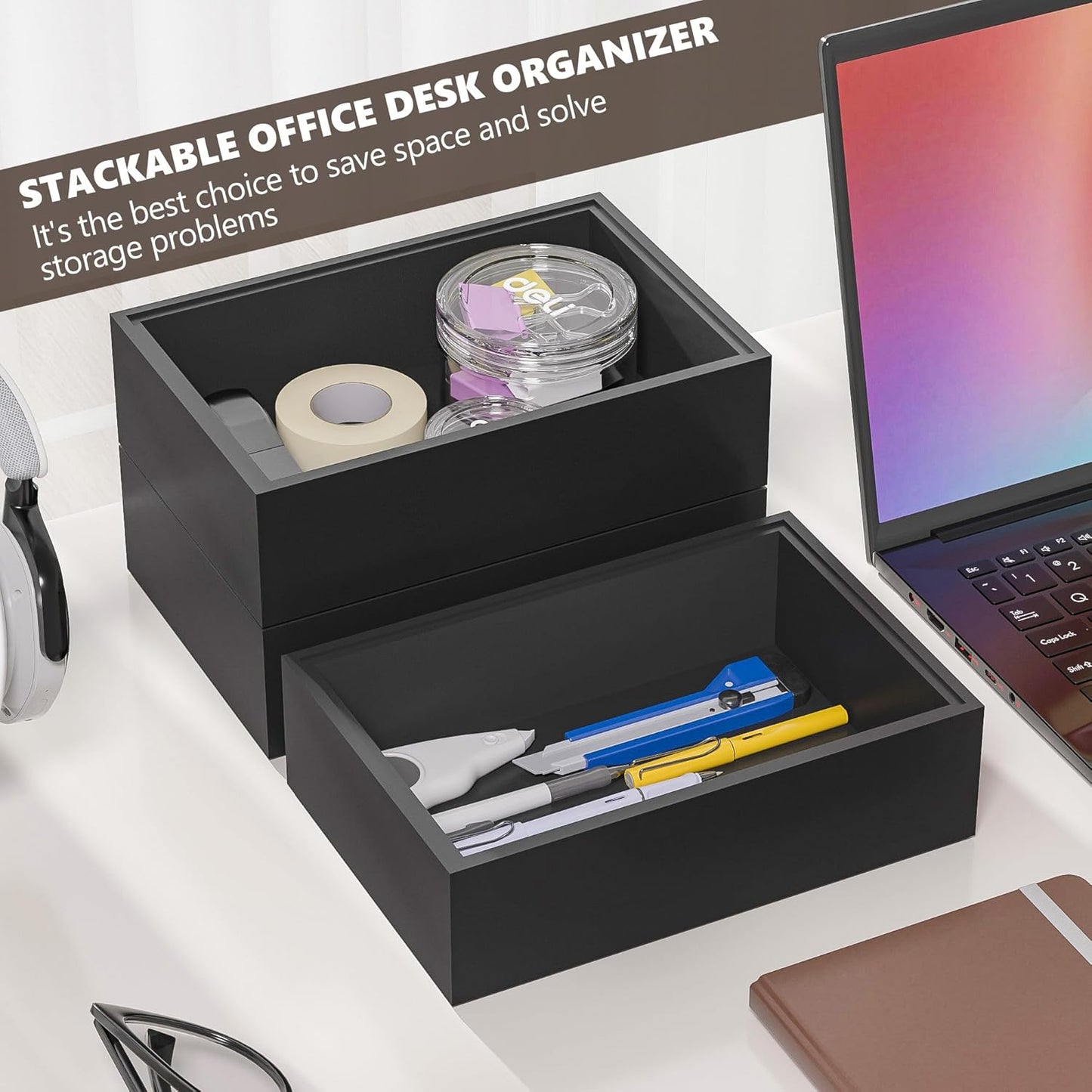 Kitchen Drawer Organizer Bins, Stackable Bamboo Drawer Organizer for Silverware, Flatware, Deep Office Desk Organizer Tray, Desktop Pen, Office Organization Black 9" x 6" x 2.5"(Set of 2)