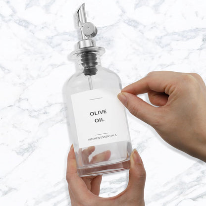 Olive Oil Dispenser Bottle - Includes 55 Kitchen Essential Labels - Cooking Oil Bottles for Kitchen, Coffee Syrup Dispenser - Pourer Spout with 11.8 fl oz Glass Container Cruet - 2pcs Silver