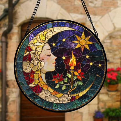 Stained Glass Window Hanging, Moon Goddess Torch Suncatcher Diamond Glass Panel Hangings Dream Sun Catchers Decor for Birthday for Women, Men, Wife, Aunt, and Mom 9.8 in
