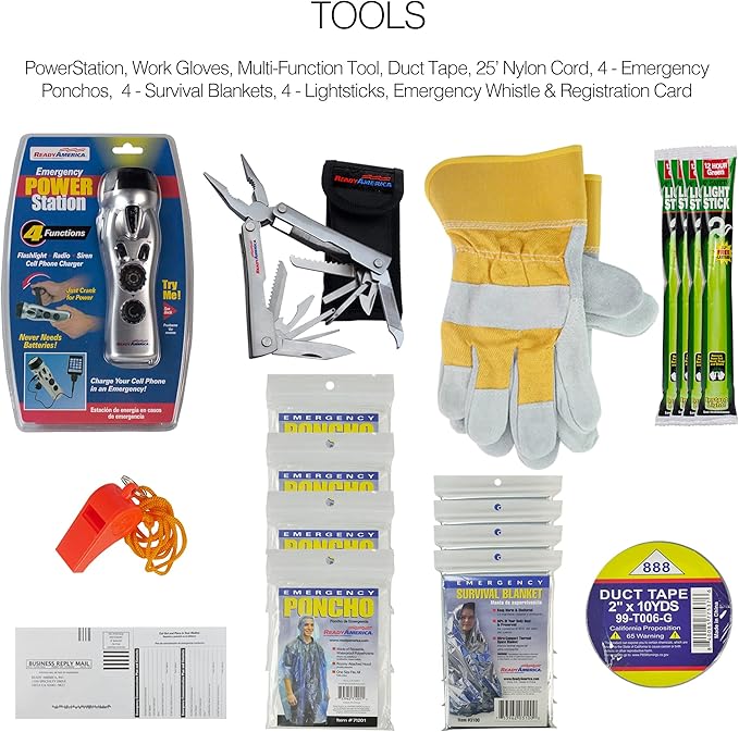 Ready America 72 Hour Deluxe Emergency Kit, 4-Person 3-Day Backpack, First Aid Kit, Survival Blanket, Power Station, Emergency Food, Portable Disaster Preparedness Go-Bag for Earthquake, Fire, Flood