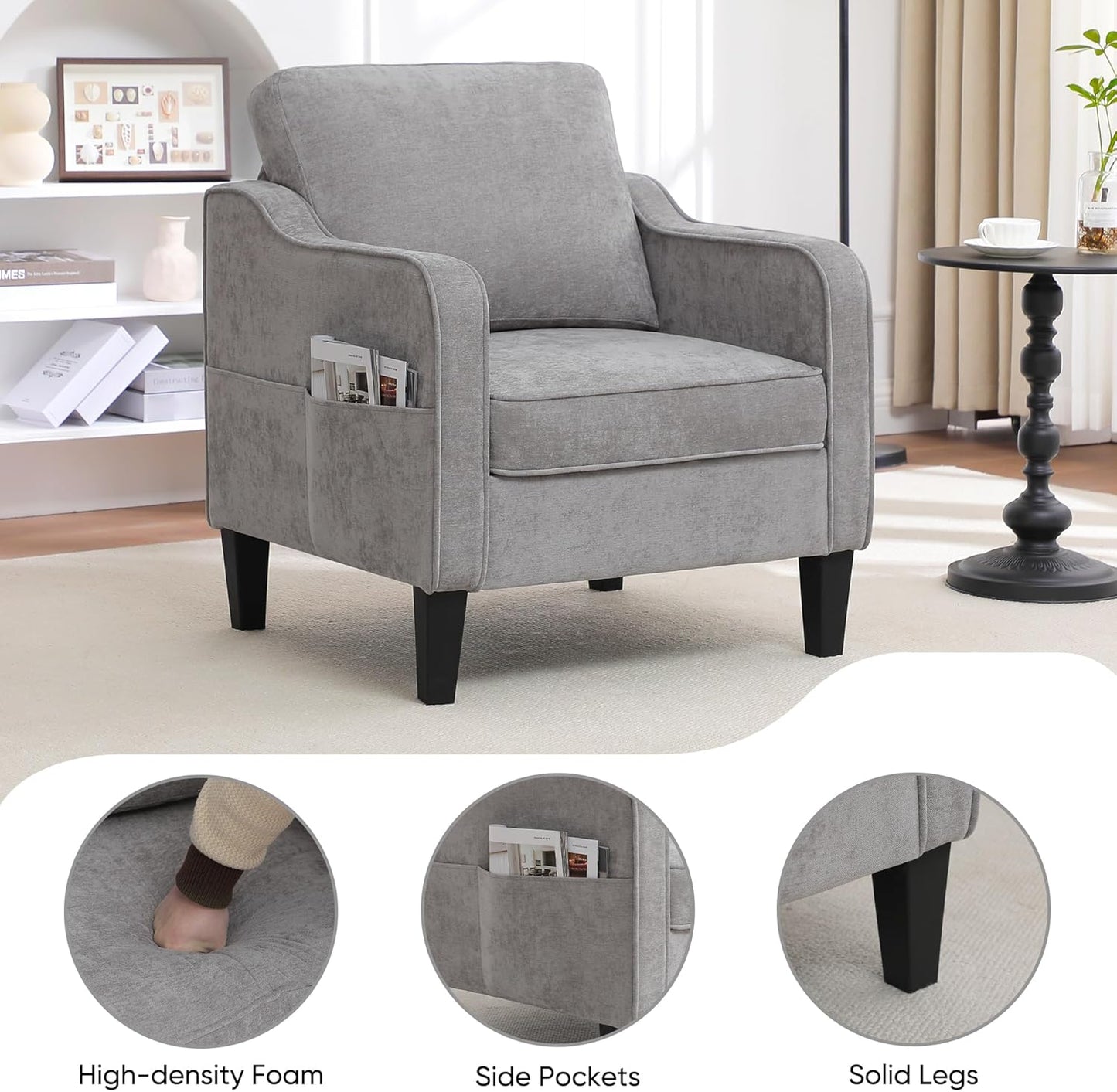 Accent Chair for Living Room, Mid Century Modern Reading Chair for Bedroom, Upholstered Armchair with Side Pockets, Comfy Single Sofa Side Chair for Office, Apartment, Small Room, Light Grey