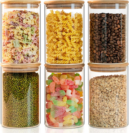Glass Food Storage Jars 6-Pack 37oz - 4x6 in-Clear Glass Food Canisters with Bamboo Lid Airtight For Serving Tea, Coffee, Flour, Sugar, Candy, Cookie, Spice and More (Circular)