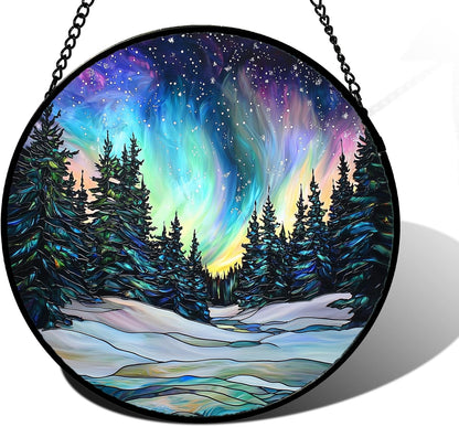 Stained Glass Window Hanging, Aurora Landscape Sun Catchers Glass Panel Green Trees Suncatcher Decor for Birthday for Women, Men, Wife, Aunt, and Mom 7.8 in
