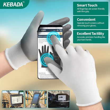 Kebada W1 Work Gloves for Men and Women, 12 Pairs Touchscreen Safety Gloves with Grip, PU-Coated, Ideal for Light & Medium Duty Tasks, White, Medium