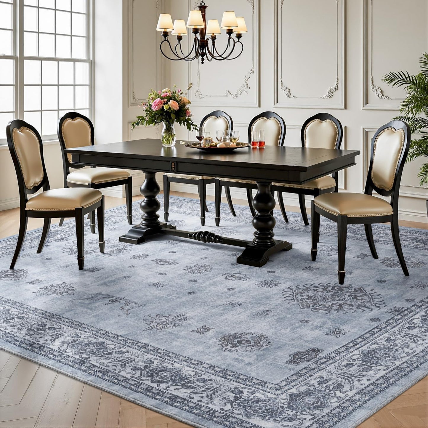 AMOAMI-Vintage Area Rug 5X7 Blue Rugs for Living Room-Soft Living Room Rug Non Slip Rugs for Bedroom Carpet Machine Washable Rug for Dining Room Bedside Office Room Decor