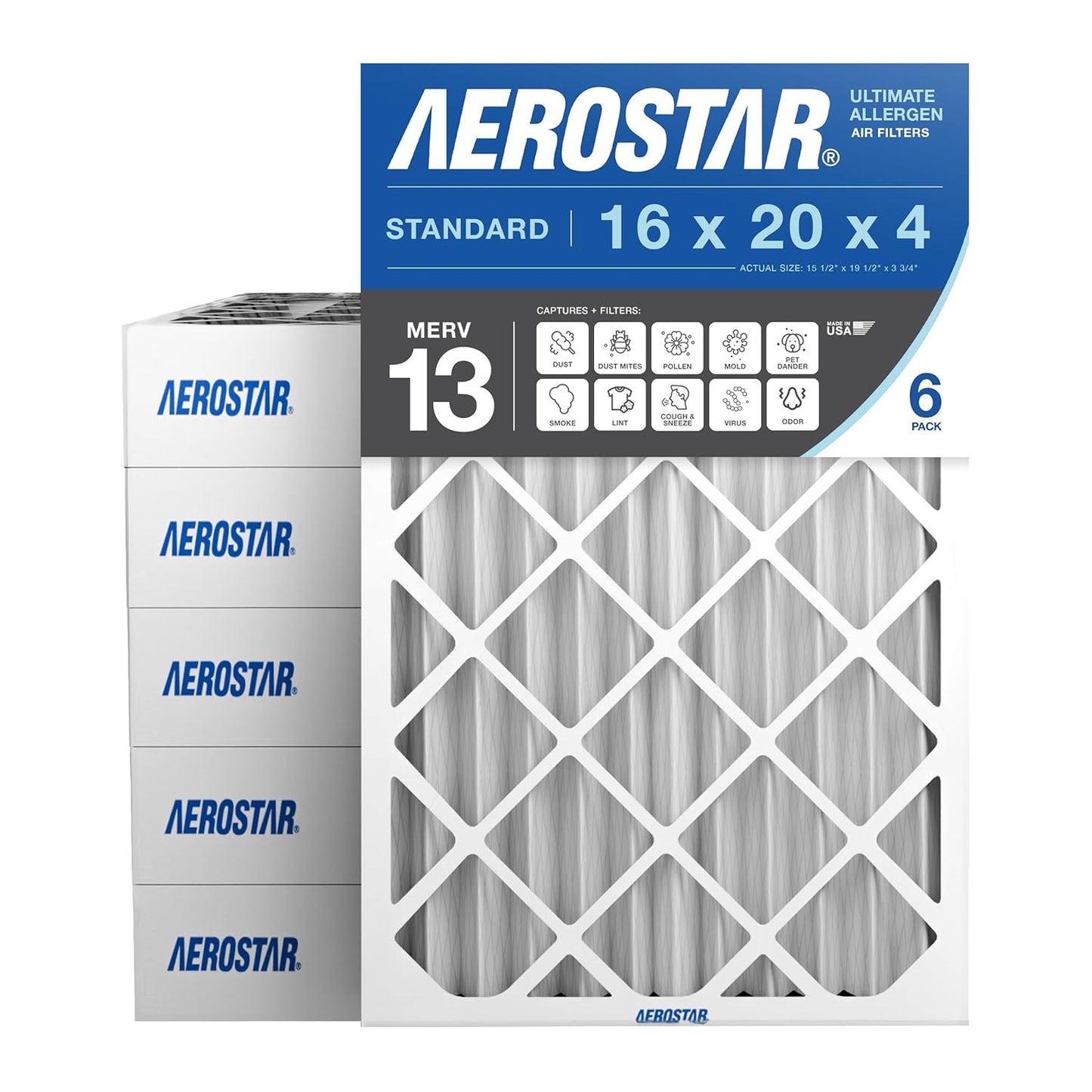 Aerostar 16x20x4 MERV 13 - 6 Count - Pleated HVAC, Furnace & Air Conditioner Filters - Removes Bacteria, Dust, Cold & Flu Germs, Lint, Mold, Pet Dander, Allergy-Causing Pollen, Smog, Smoke & Viruses