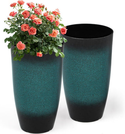 Tall Outdoor Planters, Set of 2 Large Flower Pots for Outdoor Plants, with Gradient Turquoise Finish, Weather-Resistant for Porch, Garden, Patio