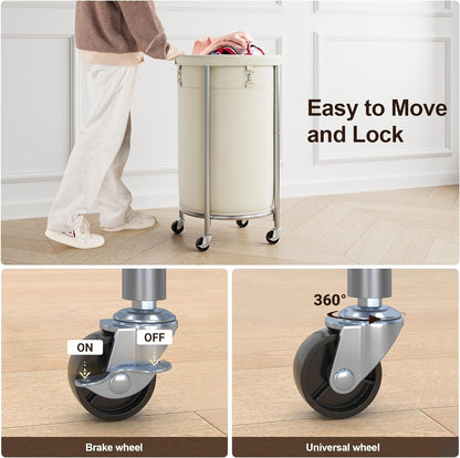 ELYKEN Laundry Hamper with Wheels, 110L Rolling Laundry Basket, Round Laundry Cart with Steel Frame and Removable Bag, 4 Casters and 2 Brakes, Dirty Clothes Hamper for Hotel, Home, Closet, Dorm, Cream