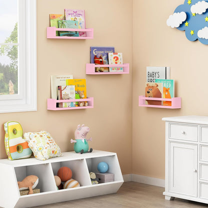 Forbena Pink Floating Shelves for Wall, Aesthetic Wall Bookshelf for Girls Room Decor, Wood Nursery Bookshelves for Toddler Kids Bedroom Book and Toy Storage Organizer (Set of 4, Pink)