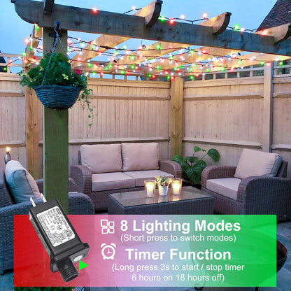 66FT 200 LED Christmas Lights Outdoor, Christmas Tree Lights with 8 Modes Waterproof, Plug in Connectable String Twinkle Light Green Wire for Tree Patio Wedding Party Decorations, Red White Green